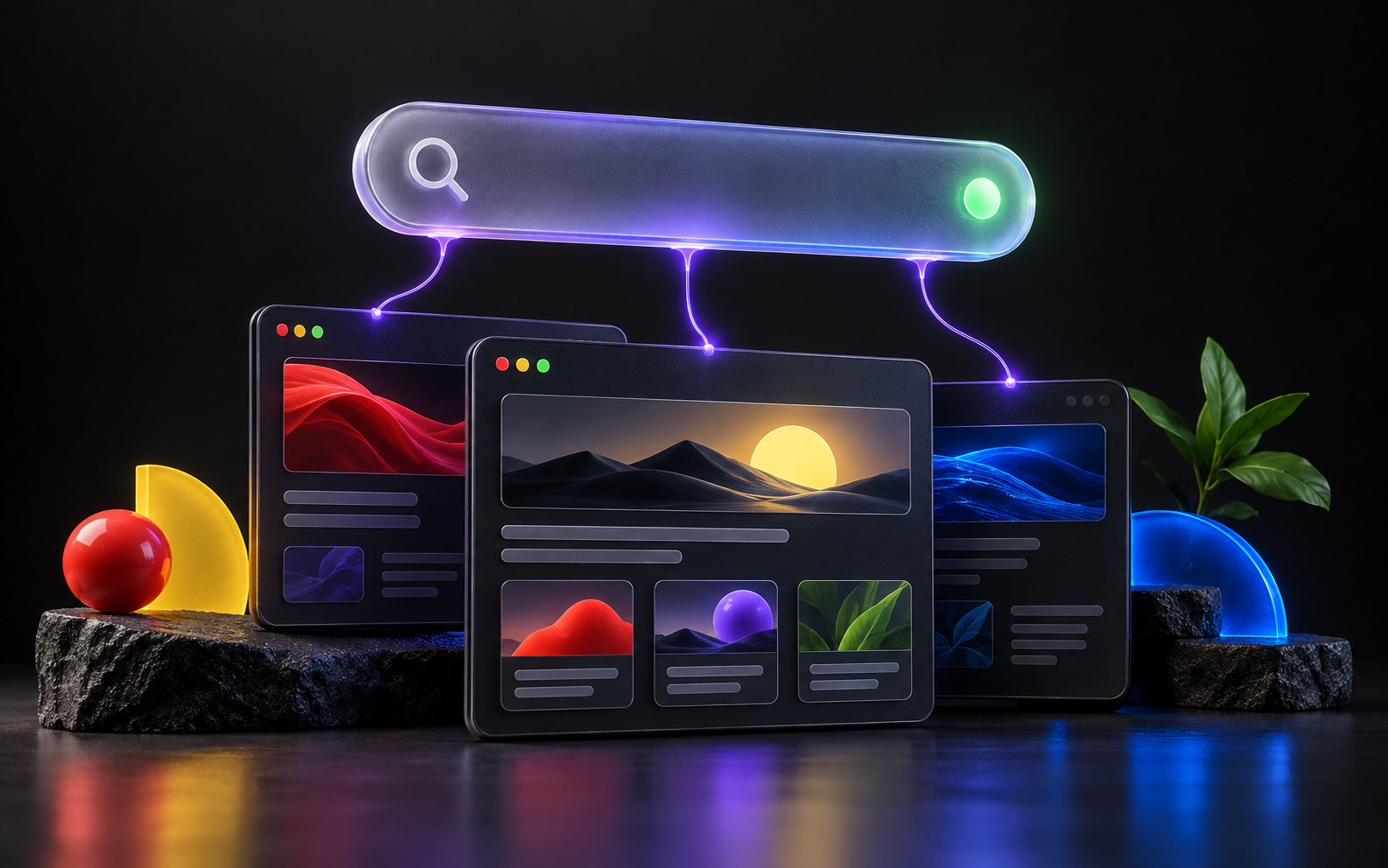 Frosted search bar connected by purple light to layered dark website cards.