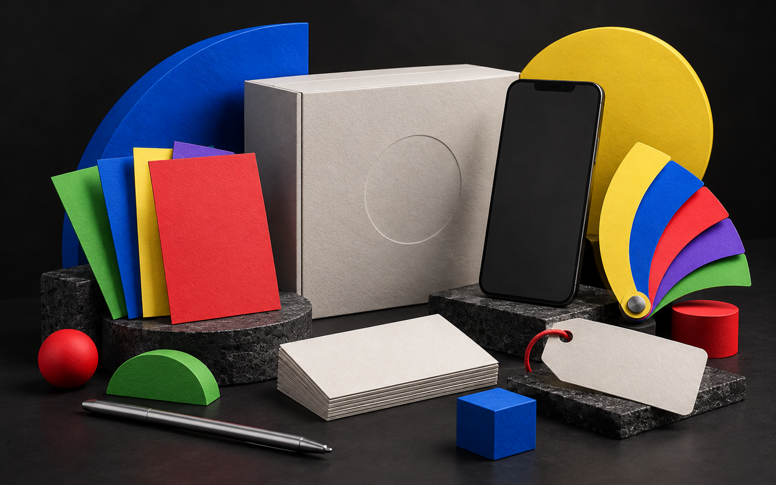 Colourful paper swatches, blank packaging and a phone-shaped object arranged on dark stone.