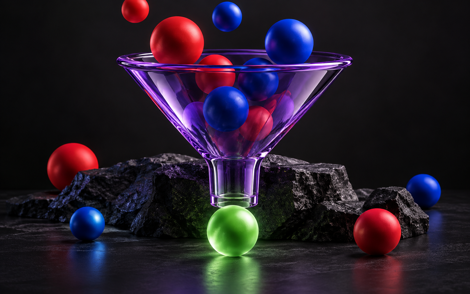 Purple glass funnel with red and blue spheres and a green sphere emerging below.